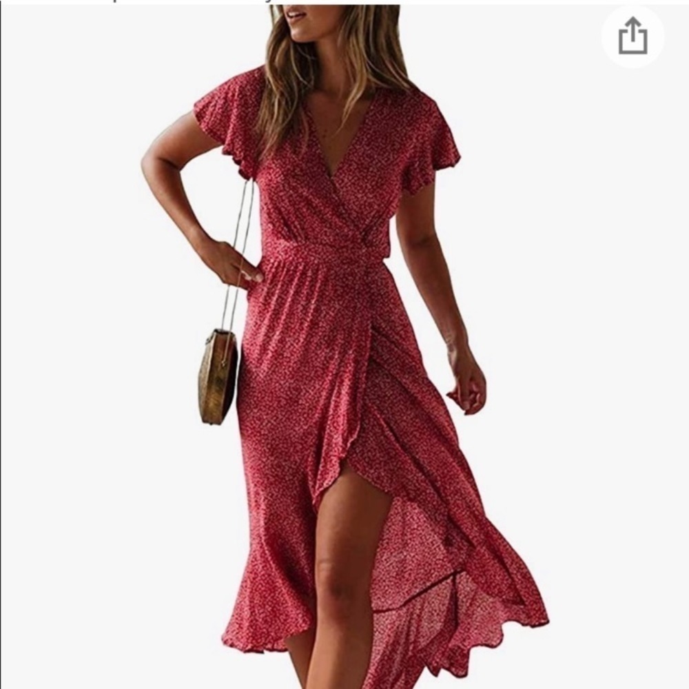 Zesica Women's High Low dress size Small ruffle floral red white romantic wrap